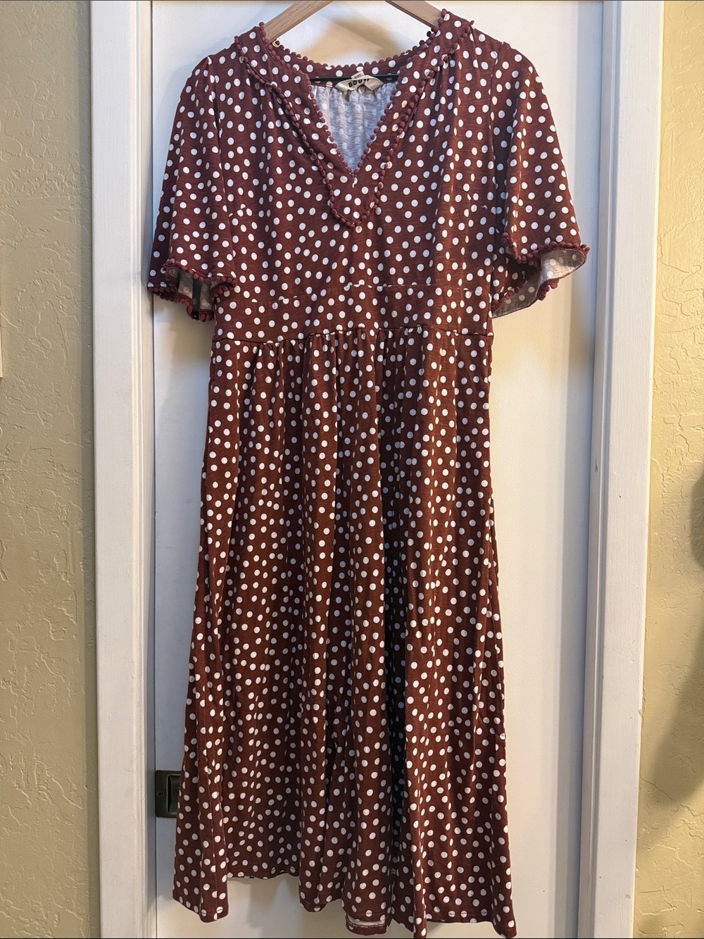 Boden Rust Brown Polka Dot Midi Dress with White Dots